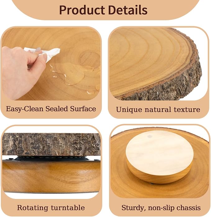 12" Rotating Wood Cake Stand with Cake Cutting Set (Knife and Server) - Rustic Wooden Cake Turntable for Decorating, Party, Wedding, Baby Showers, Reception, Event - Ideal Baking Gift & Decor