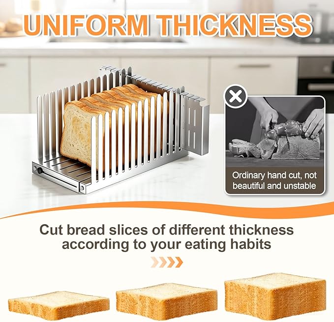 Bread Slicer for Homemade Bread - Upgrade Adjustable Stainless Steel Bread Cutter Board, Foldable Slicing Guide for Homemade Bread, Bagels, Toast, Bakery Kitchen Gadget Gift