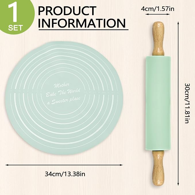 Silicone Rolling Pin Backing Mat Set, 13" Dough Roller with Non Stick Pastry Sheet, Small Fondant Roller Round Kneading Mat for Bread Cookie Pie Pizza Sourdough Kitchen (Mint Green)