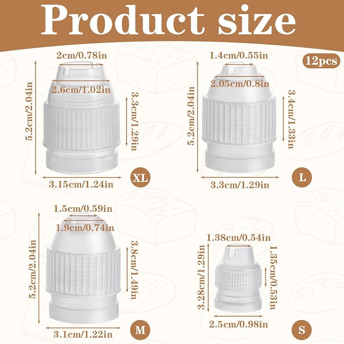 12 Pcs Plastic Couplers for Piping Bags,Size: S,L,M,XL | Piping Bag Couplers,White Piping Couplers for Icing Nozzles,Cake Piping Design