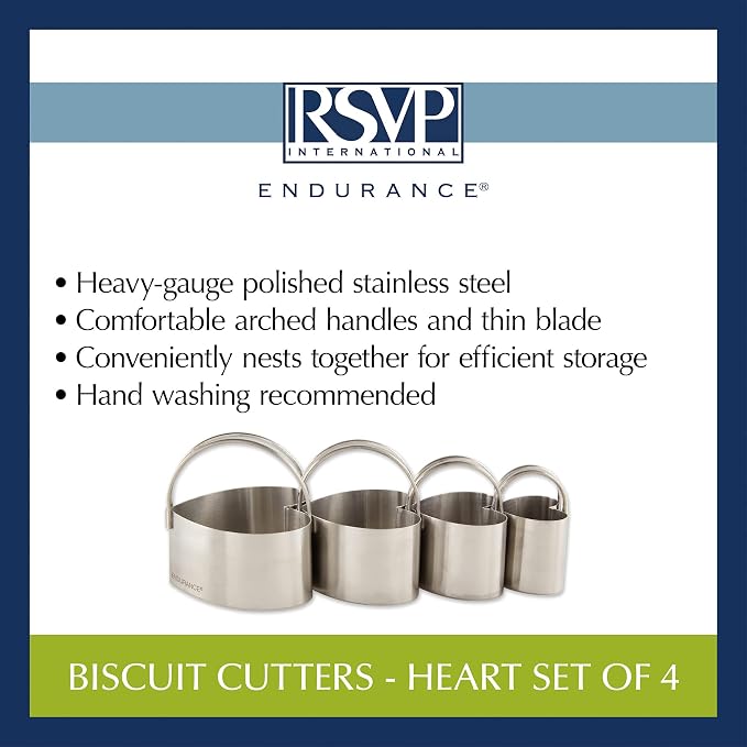 RSVP International Endurance Heart Shape Biscuit Cutters - Stainless Steel, Set of 4 | Nest for Easy Storage | For Cutting Thick or Thin Dough | Professional | Dishwasher Safe