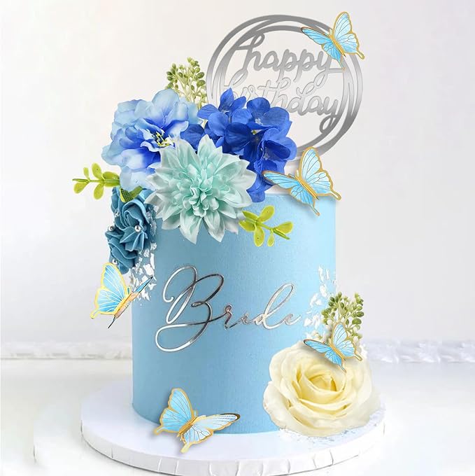 19 PCS Flower Cake Toppers Butterfly Cake Decorations Happy Birthday Cake Toppers with Artificial Blue Rose Flowers Eucalyptus Butterflies for Girls Birthday Party Wedding Baby Shower Supplies (Blue)