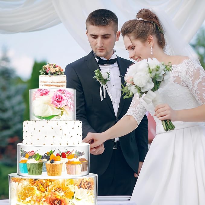 Sintuff 3 Pcs Acrylic Cake Stand with LED Lights 10'', 12'', 14'' Clear Fillable Cake Riser Round 3 Tier Case Box for Wedding Birthday Holiday Party Food Display, 3 Sizes