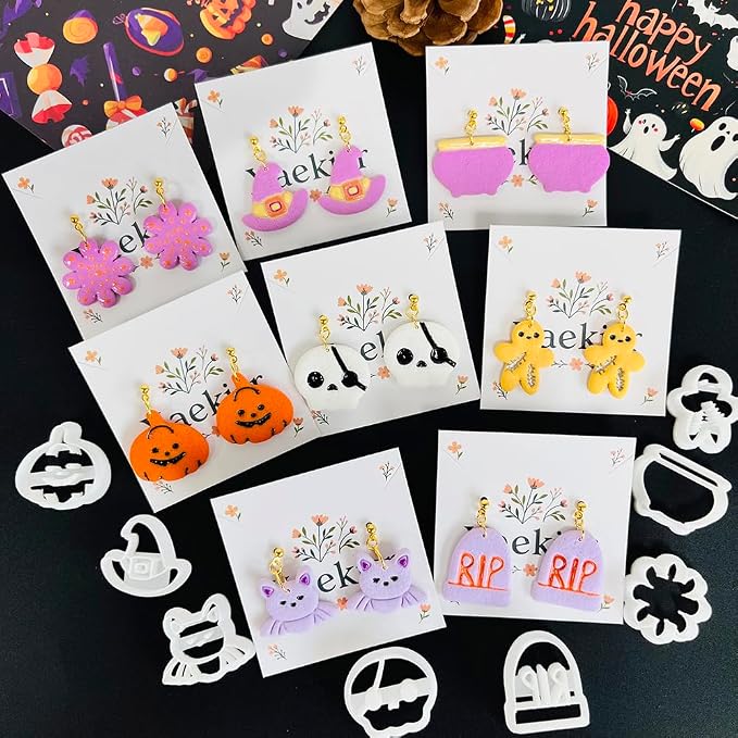 Xaekicr Halloween Polymer Clay Cutters Set – 8Pcs Clay Cutters for Earrings, Pumpkin Skull Witch Hat Molds for DIY Clay Jewelry Making