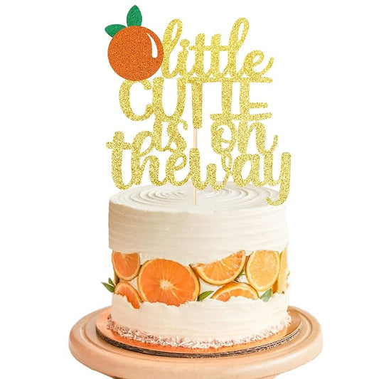1 PCS Assembled Little Cutie is on the Way Cake Topper with Glitter Orange Cake Pick Decorations for Citrus Theme Baby Shower Kids Birthday Party Supplies