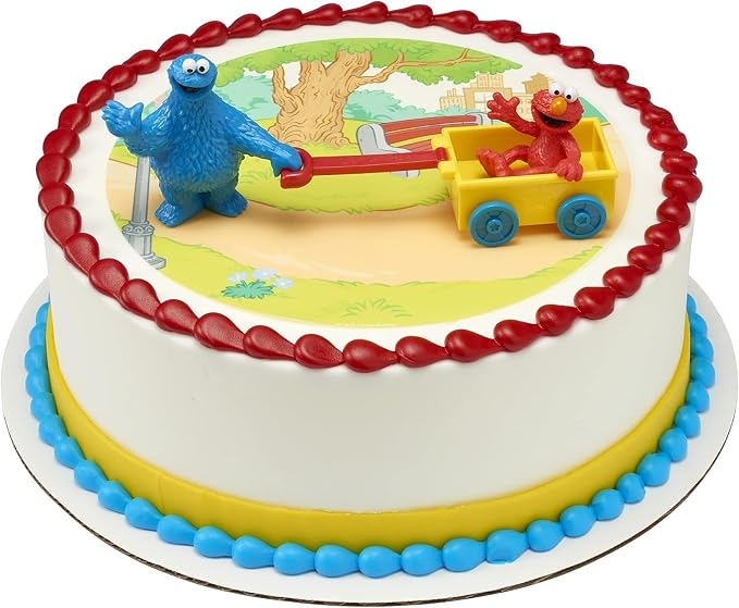 DecoSet® Sesame Street® Let's Play Cake Topper, 2-Piece Birthday Cake Decoration with Cookie Monster and Elmo in a Free-Wheeling Wagon, Ready to Use, Food Safe