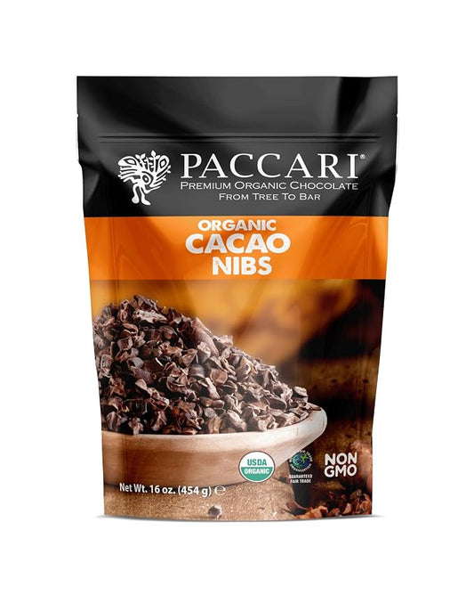 Paccari Raw Cacao Nibs | Organic, Pure & Sugar Free Chocolate Chips Alternative |Keto, Vegan, Non-GMO & Gluten Free | Perfect for Healthy Snacks 16oz