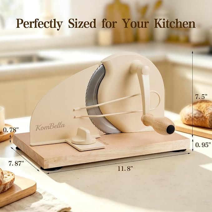 Sourdough Bread Slicer for Homemade Bread, Manual Hand Crank Bread Cutter with Adjustable Thickness for Even Slices, Slicing Guide & Protective Blade Shield, Wood Base with Suction Cups(Beige)