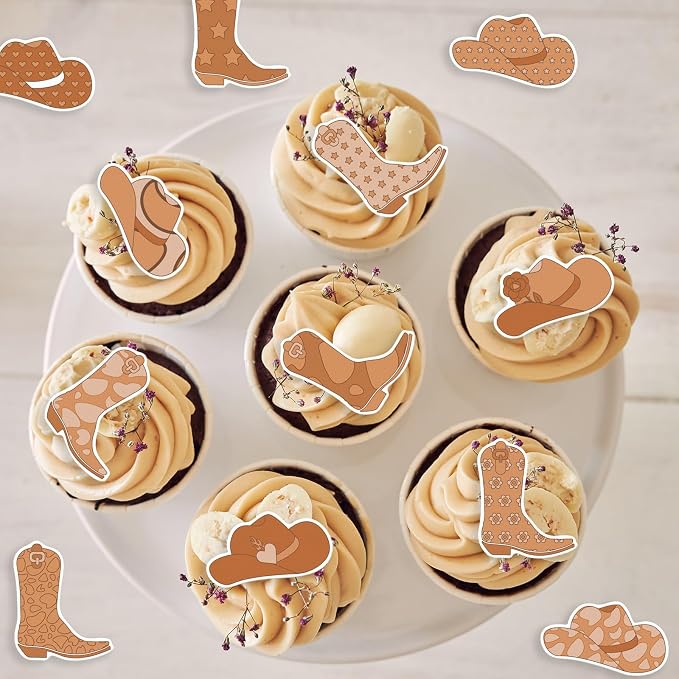 36PCS Edible Cowboy Cupcake Toppers Wafer Paper Brown Horse Boots Hat Cupcake Picks Edible Rodeo Cake Decorations for Western Horse Racing Theme Birthday Baby Shower Party Supplies
