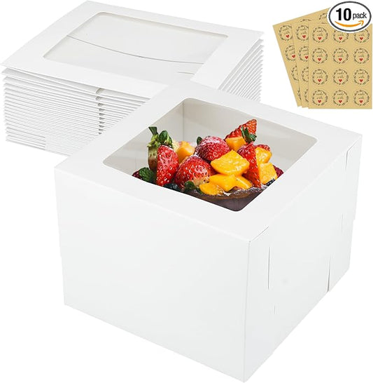 Large Baking Boxes,Set of 10 12x12x8 Inch with Window and 10 Cake Boards,Stikers and Ribbon,Square Cardboard Cake Boxes for Multi-Layer Cakes