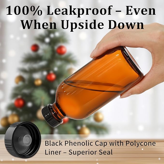 KEYWING 18 Pack 8oz Amber Glass Boston Round Bottles with Airtight Poly Cone Caps, Perfect Dispensing Bottles for Homemade Vanilla Extract, Syrups, Essential Oils, Holiday & Christmas Gift