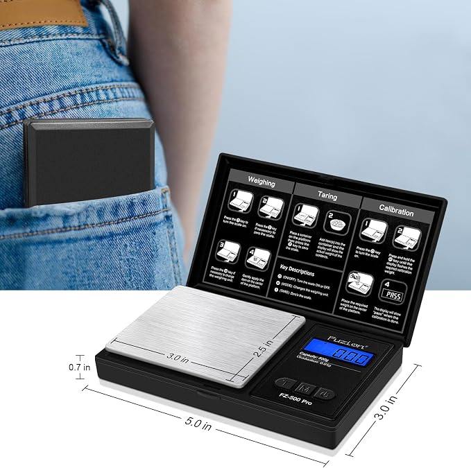 Fuzion Gram Scale, Digital Pocket Scale .01 Gram Accuracy, 500g Mini Jewelry Scale, Small Scale for Food, Herb, Spice, Coin - Weight Gram and Oz - 100g Calibration Weight