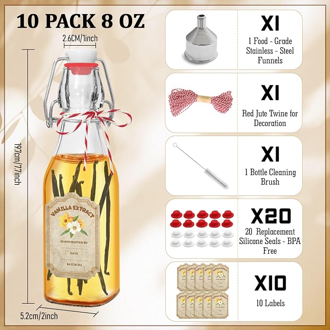 8oz Swing Top Glass Bottles for Vanilla Extract - 10 Pack Airtight Square Clear Jars with Leak-Proof Lids, DIY Kit with Stickers & Funnel