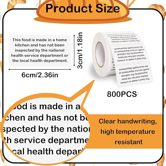 800 Count Cottage Baking Food Law Labels Stickers，Homemade Stickers for Baked Goods Ingredients, Home Kitchen Inspection Statement Thermal Printed Labels
