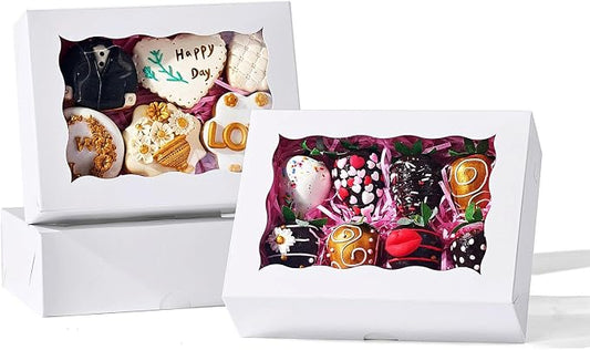 8x6x2.5 Inch 25PCS White Bakery Boxes with Window for Pastry,Treat,Macaron,Dount,Cookies,Chocolate Covered StrawberriesStrawberry,Muffins & Party Favors