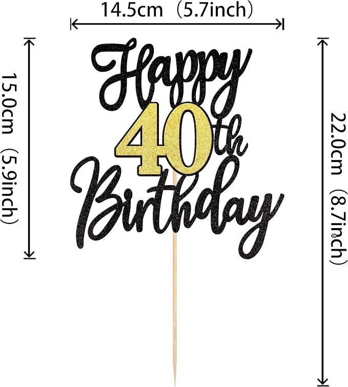 1 PCS Happy 40th Birthday Cake Topper Black Gold Glitter Cheers to 40 Years Birthday Cake Pick 40 Fabulous Cake Decoration for Happy 40th Birthday Anniversary Party Cake Decorations Supplies