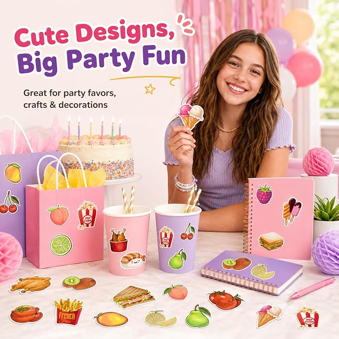 100 Pcs Food Fruit Stickers for Kids Teens Water Bottles Laptops Scrapbook Decoration Party Favors Classroom Rewards Cute Vegetable Snack Waterproof Vinyl Decals