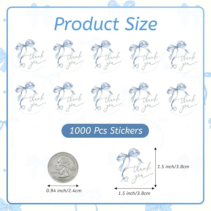 1000pcs Blue Thank You Stickers, 1.5 Inch Watercolor Bow Thank You Sticker, Self-Adhesive Small Business Stickers for Gift Packaging (Blue-2pcs)