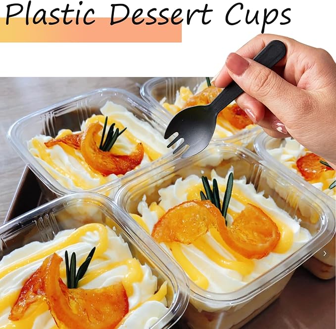 100 Pack 8OZ Plastic 50Pcs Square Dessert Cups with Lids and 50Pcs Spoons,Square Ice Cream Container with Forks, Disposable Parfait Cups for Mousse Cupcake Pudding Snacks Yogurt Parfait Fruits（50Sets）