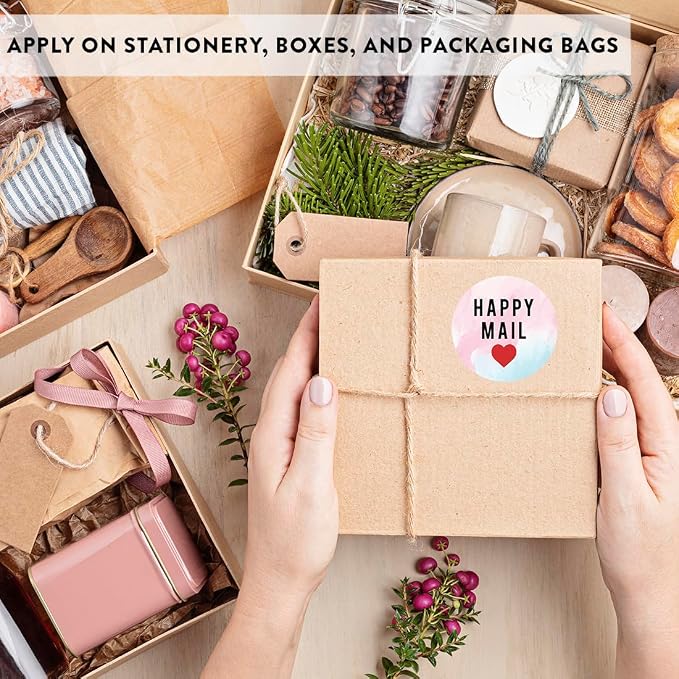 Andaz Press Round Small Business Labels, 120-Pack, Watercolor Happy Mail, Red Heart, Packaging & Product Labels for Small Business Thank You & Company Stickers