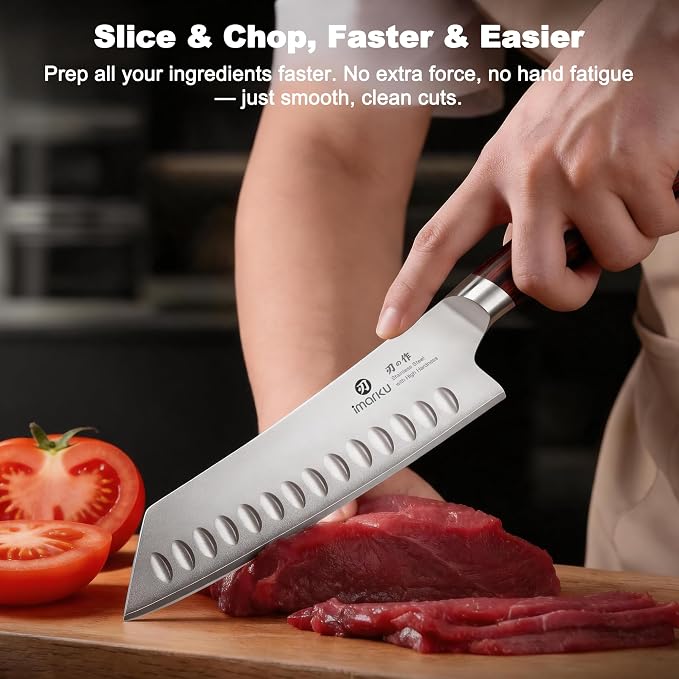 imarku Santoku Chef Knife 7 Inch, Ultra Sharp High Carbon Stainless Steel Japanese Kitchen Knife with Hollow Edge | Ergonomic Pakkawood Handle, Gift Box for Meat/Vegetables/Tomatoes & Daily Cooking
