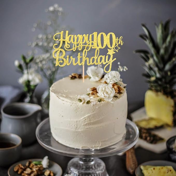 1 PCS Happy 100th Birthday Cake Topper - Gold Glitter Cheers to 100 Years - Fabulous Cake Decoration for 100th Birthday Theme Party