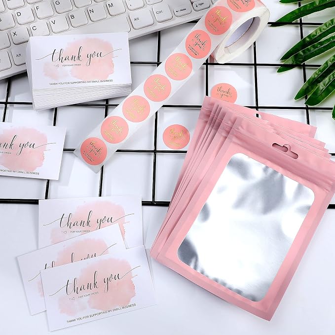 Outus 620 Pieces Thank You for Supporting My Small Business Cards and Stickers Set, Thank You Gold Foil Stickers with Resealable Packaging Bag for Business Owners Packaging Supplies (Pink)