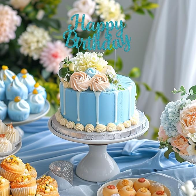 BEISHIDA Lake Blue Happy Birthday Cake Topper, Happy Birthday Cake Bunting Decor,Birthday Party Decoration Supplies，Photo Booth Props