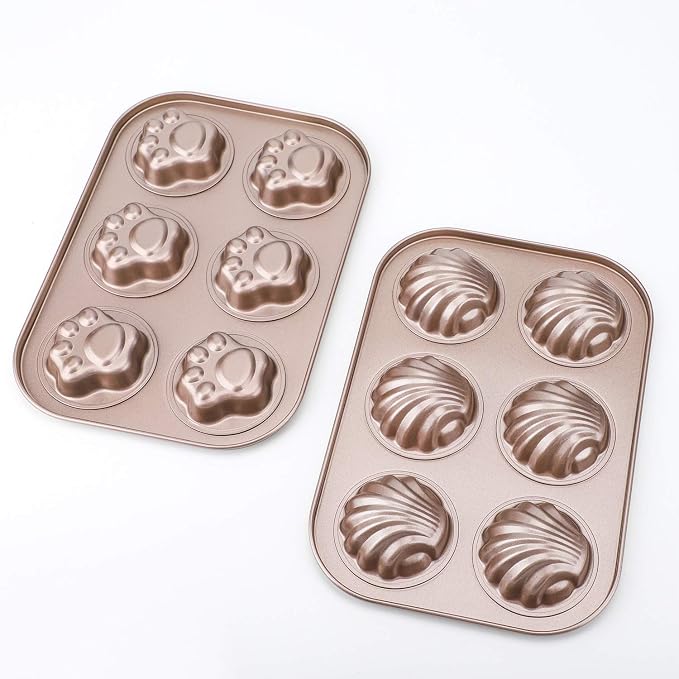 Beasea 3 Pack Madeleine Pans, 10x7 Inch 6 Cavity Nonstick Cat Shaped Cake Cookies Pan Carbon Steel Madeleine Mold Shell Madeline Pan