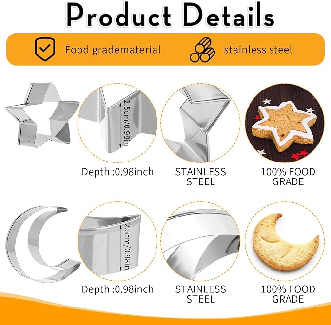 Star Cookie Cutters Set, Stainless Steel Star and Moon Cookie Cutter Shapes, Large Moon Star Shaped Biscuit Molds, Metal Cookie Cutters for Baking Pastry Fondant Ramadan Holiday (2pcs)