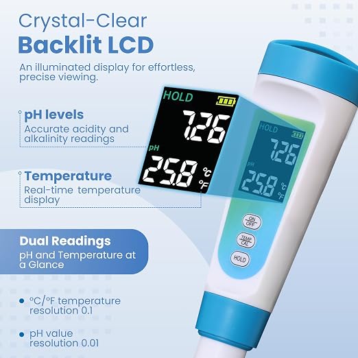 Digital pH Meter for Food - Professional pH Tester with Spear Probe for Sourdough, Fermentation, Hot Sauce, Canning, Cheese, Salami, Kimchi, Kombucha - Water-Resistant Kit with pH Calibration Powders