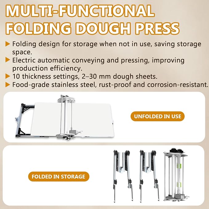 22.7" Electric Folding Dough Sheeter Machine 2-30mm Adjustable thickness | 10 levels Stainless Steel Dough Machine for Bread Pizza Croissants Marzipan Puff Pastry,home & commercial bakery use