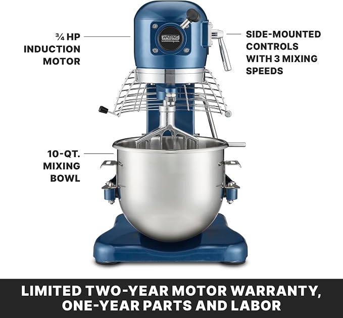 Waring Commercial Luna Planetary Stand Mixer, 10-Quart Capacity, 3/4 Horsepower Motor with Digital Timer, for Professional Bakeries & Commercial Kitchens, WSM10LT