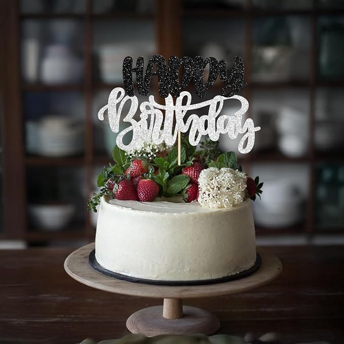 Gyufise 1Pcs Happy Birthday Cake Topper Glitter Happy Birthday Cake Pick for Celebrating Wedding Anniversary Theme Party Cake Decorations Supplies Black Silver