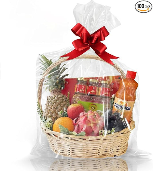 WIKDAY Clear Gift Bags 100 PCS 24x30 Inches Large Cellophane Wrap for Gift Baskets Wrapping Plastic with Ties for Gift Giving, Packaging Products
