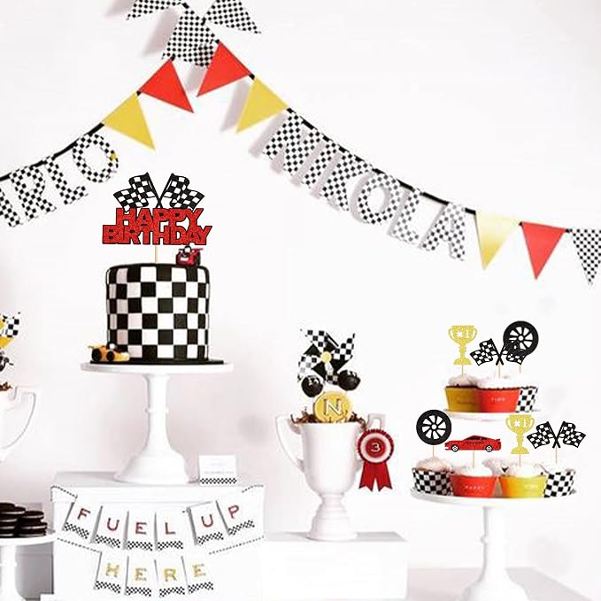 Ercadio 25Pcs Racing Car Happy Birthday Cake Toppers Checkered Flag Race Cars Wheels Cupcake Toppers Baby Shower Race Car Funny Birthday Party Decoration Supplies