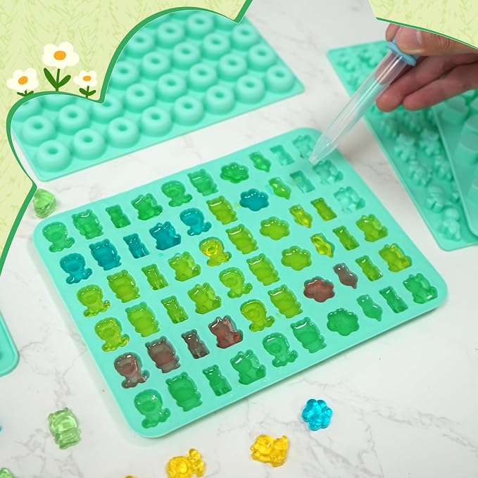 7Pcs Gummy Bear Molds Silicone, Nonstick Animals Gummy Molds Includes Bear, Lions, Lucky Cats, Hippopotamus, Gummy Candy Chocolate Molds for Kids with 2 Droppers for Convenient Filling