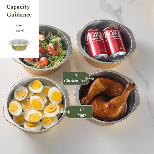 48oz Round Aluminum Foil Containers with Lids, 5 Pack | 7.7 Inch Round, Heavy Duty Foil, Ideal for Meal Prep, Pasta, Casseroles and Food Storage