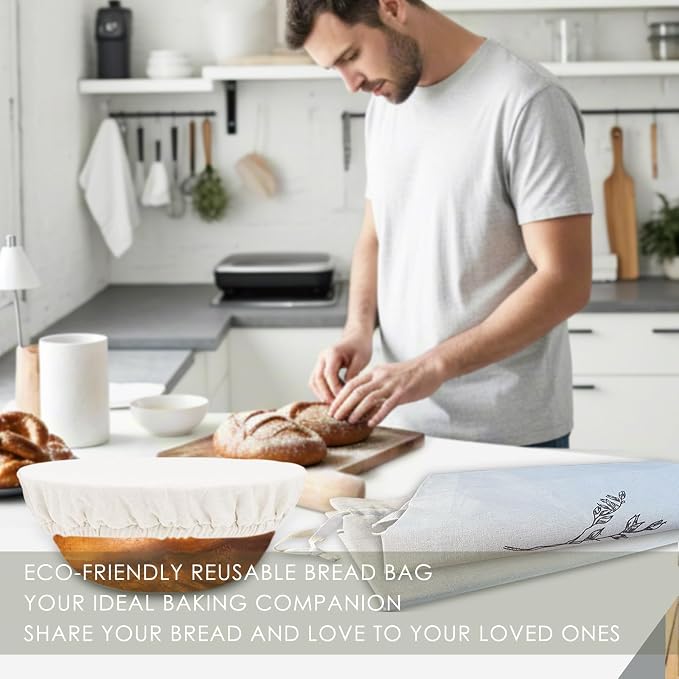 ‌2 Pack Reusable Linen Bread Bags for Homemade Sourdough - Eco-Friendly Storage with Proofing Bowl Cover | Baking Accessories & Sustainable Kitchen Essentials, Cream white