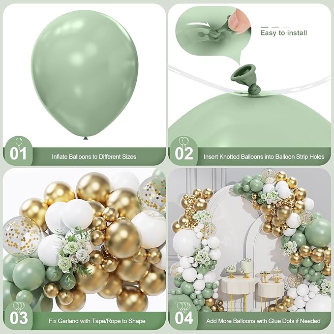 Sage Green White Gold Balloon Garland Arch Kit 156 Pcs Different Sizes 18 12 10 5 Inch Green Latex Metallic Confetti Balloons for Birthday Baby Shower Gender Reveal Wedding Safari Forest Decorations