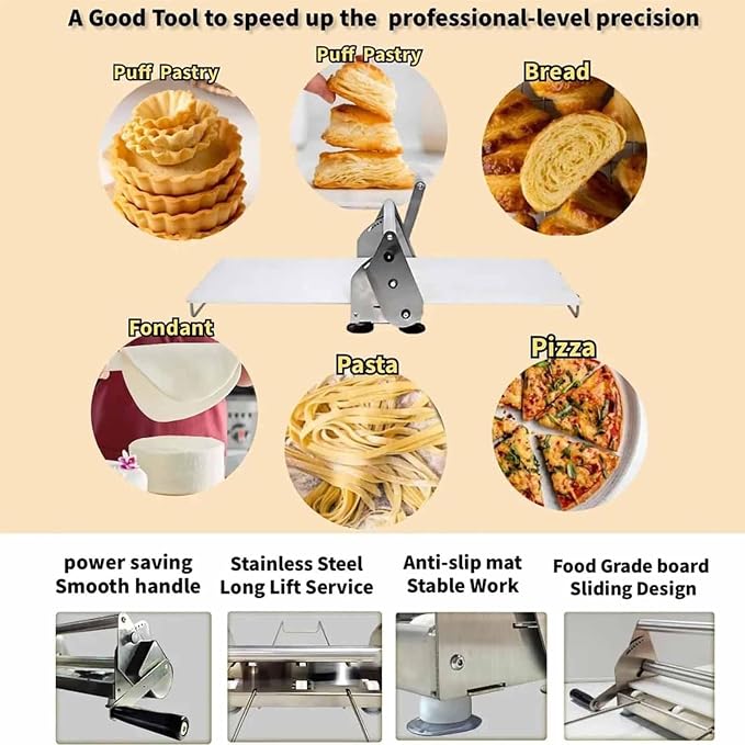 Stainless Steel Dough Machine,Folding Dough sheeter,Counter top Dough sheeter,Commercial Dough Roller sheeter,1–17.5mm/1–27mm, for Bakery Pizza, Croissants(Rs201)