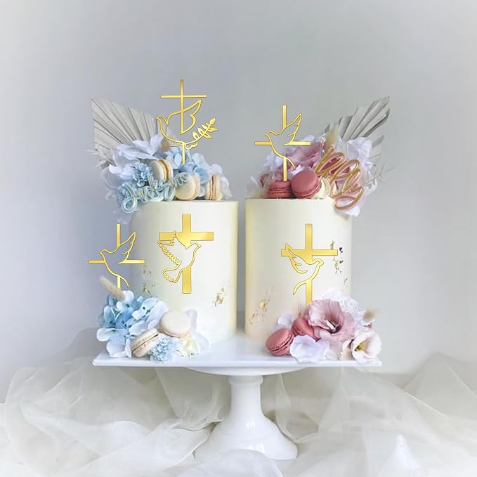 4 Pack Acrylic Baptism Cake Topper Mirror Acrylic Gold Dove Cross Cupcake Toppers First Communion Cake Decorations for Baby Shower Birthday Christian Party Decorations