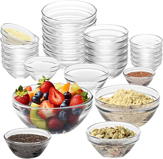 LemonRoad 20 Pcs Glass Prep Bowls Sets 4 Sizes 1.5/2.5/4.5/8.5 oz Cooking Clear Small Prep Pinch Bowls Mini Stackable for Toppings, Kitchen, Salt, Spices, Dipping, Baking & Meal