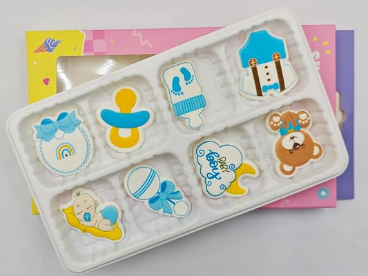 Edible 8 pieces Baby Shower for Baby Boy cake decorations, cupcake toppers, perfect Icing Cookies decro for Birthday Reveal party Team Dinner