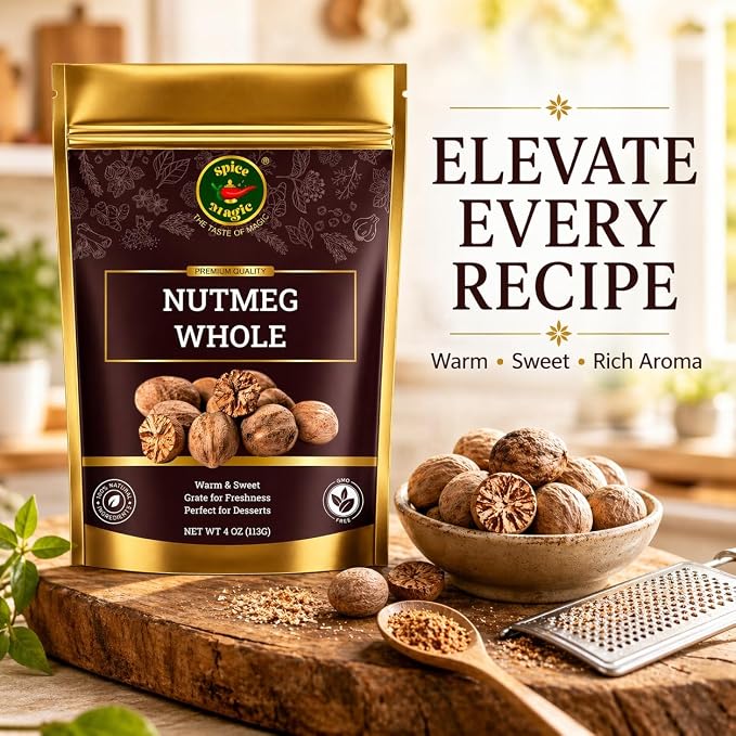 Spice Magic Whole Nutmeg 4 oz, Jaiphal Nuez Moscada – 100% Pure Natural Nutmeg Seeds for Grating, Non-GMO Gluten Free, for Baking, Cooking, Coffee, Tea, Hot Chocolate, Eggnog & Desserts