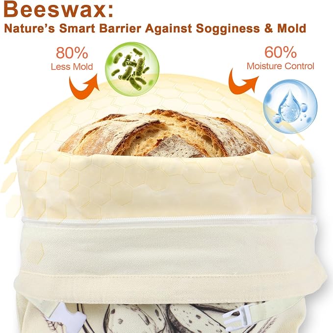 Beeswax Bread Bag 2 Pack, Reusable Organic Cotton Beeswax Bread Bags for Sourdough Homemade Bread, 17x13 Inch Large Capacity, Eco-Friendly, Keep Fresh, Locks in Moisture, Lock Closure, Easy to Clean