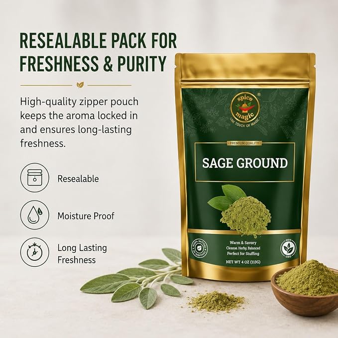 Spice Magic Ground Sage, 4 oz (113g)- Premium Ground Herb for Savory Dishes, Perfect for Stuffing, Sausages, Poultry, and Roasted Vegetables