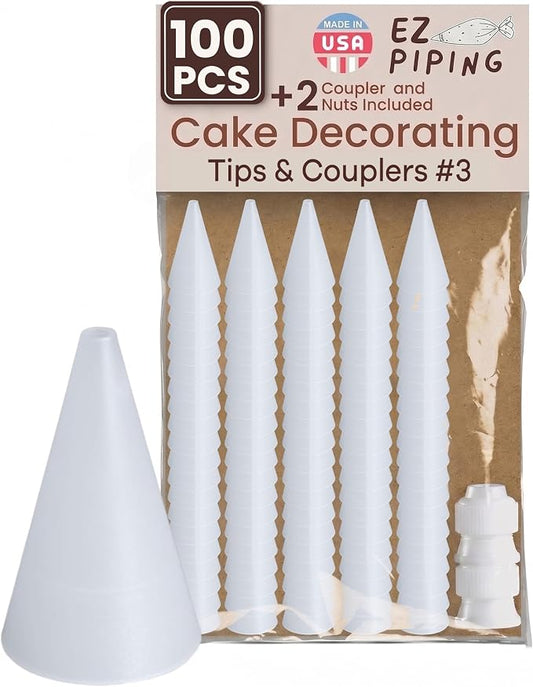 Reusable Plastic Piping Tips Standard Size Round Tip #3 100 Pack with 2 Couplers Round Icing Nozzle for Cake Decoration, Dessert Design Baking Supplies & Piping Bags Base Ø 0.75"Height 1.25"