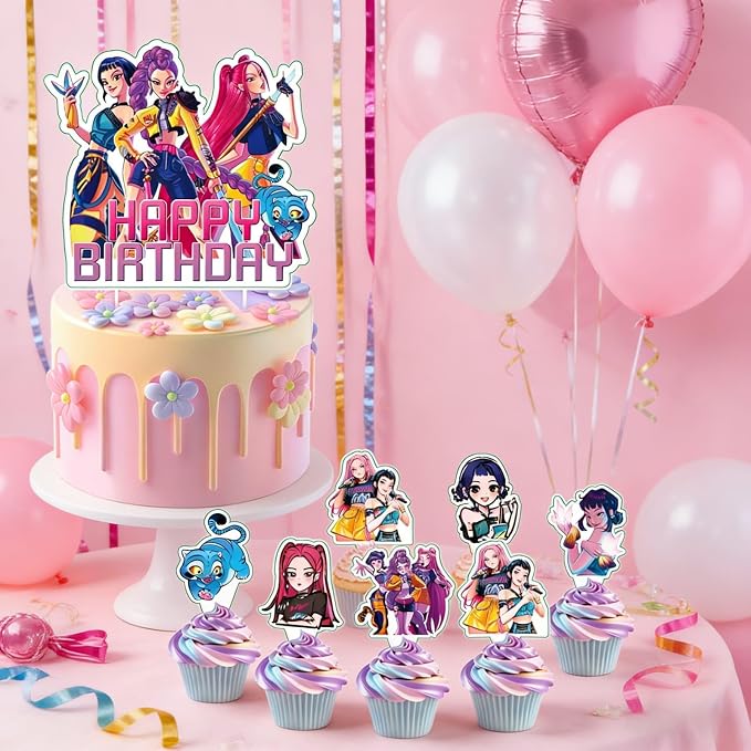 25 Pcs Demon Movie Hunters Cake Decorations, Include 1 Happy Birthday Cake Toppers, 24 cupcake Topper for Demon Movie Hunters Birthday Decorations