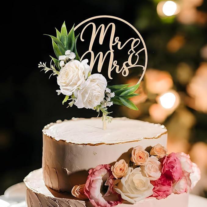 Mr & Mrs Wedding Cake Topper in Wood with Handcrafted 3D Artificial White Flowers and Green Leaves Design Cake Decoration for Wedding 3D White Roses